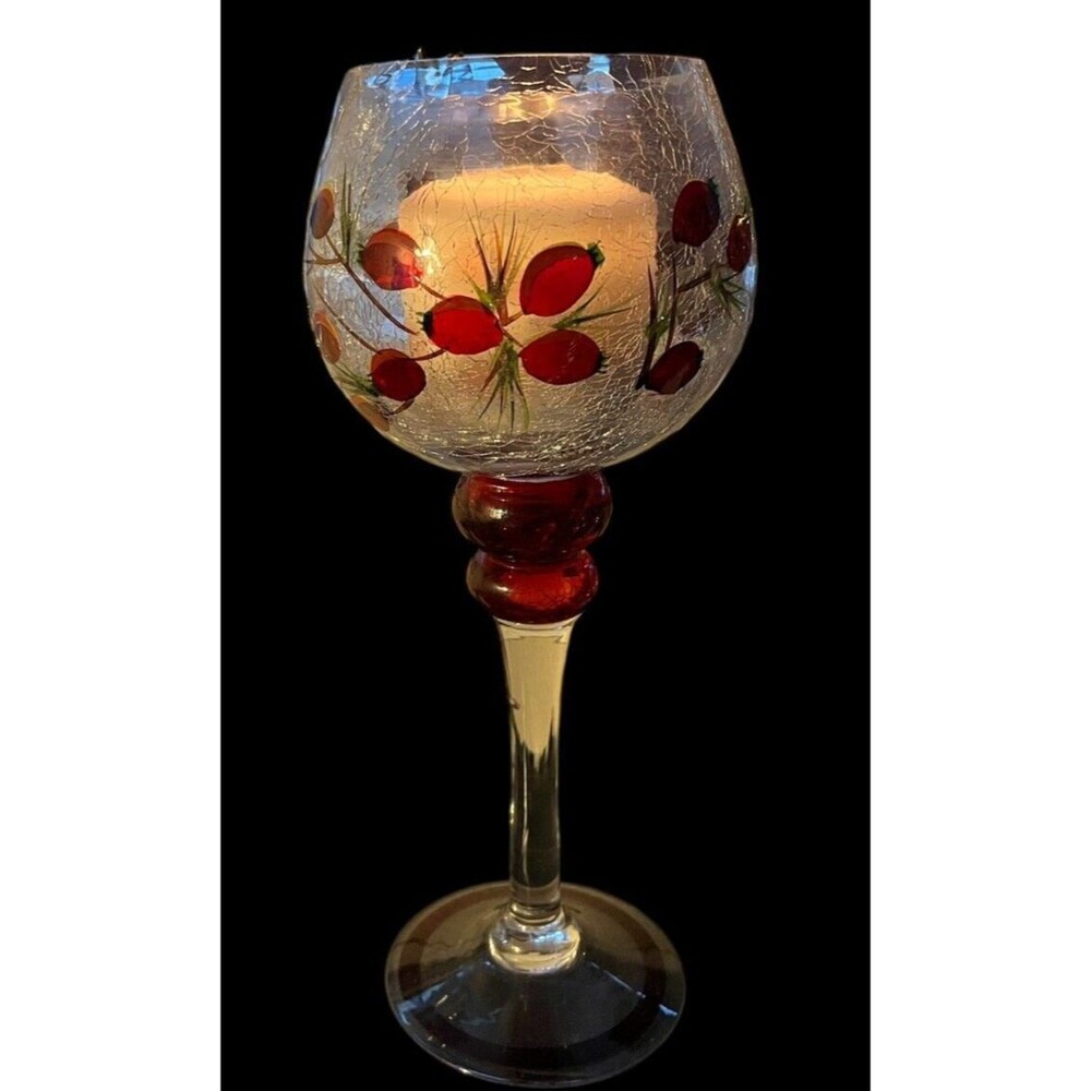 Wine Goblet Candle Holder Crackle Glass Hand-Painted Red Christmas Berries 12"